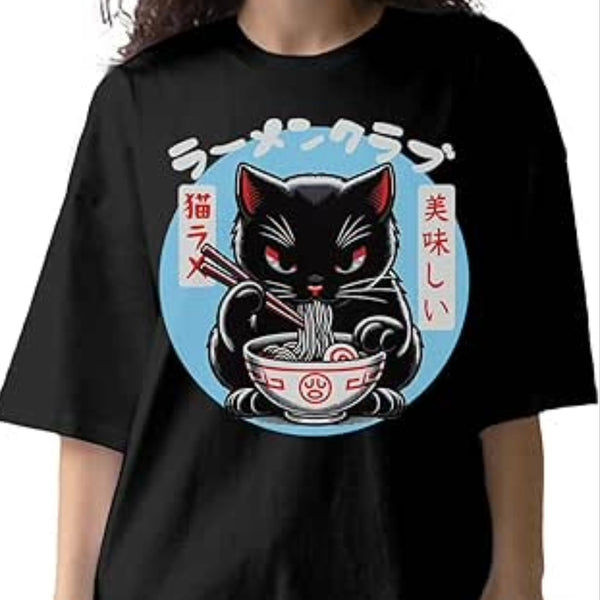 تيشيرت أنمي كاوايي بقطة تأكل رامين للنساء